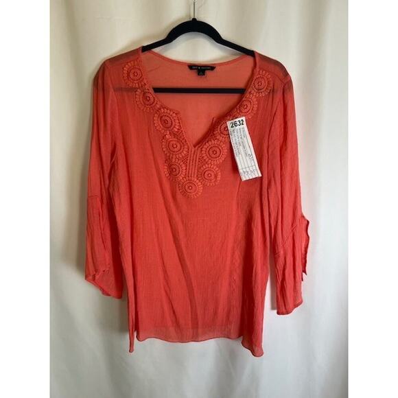 Zac & Rachel Crochet Trim Neck Slit Sleeve Blouse Bright Coral Women's Size L - Picture 1 of 6